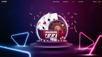 online Kasino, Banner mit Slot Maschine, Kasino Roulette, Poker Chips und spielen Karten auf Podium schwebend im das Luft mit Linie Gradient Neon- Dreiecke um vektor