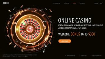 online Kasino, schwarz Banner mit Angebot, Taste und Gold scheinen Neon- drehen Kasino Roulette Rad mit Poker Chips vektor