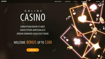 online Kasino, Banner zum Webseite mit Angebot, Gold Neon- Kasino spielen Karten und Poker Chips auf schwarz Hintergrund vektor