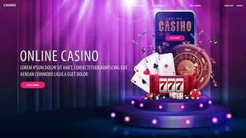 online Kasino, herzlich willkommen Bonus, Netz Banner mit Angebot, lila Podium mit Smartphone, Kasino Slot Maschine, Roulette Rad, Poker Chips und spielen Karten auf Hintergrund mit Vorhang und Scheinwerfer vektor