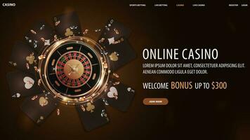 online Kasino, schwarz Banner mit Angebot, Gold scheinen Neon- drehen Kasino Roulette Rad mit Poker Chips und spielen Karten vektor