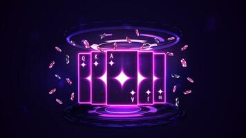 Rosa scheinen Neon- Kasino spielen Karten mit Poker Chips im Hologramm von Digital Ringe im dunkel leeren Szene. Diamant königlich spülen vektor
