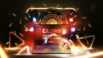 online Kasino, dunkel Poster mit Laptop, Roulette, Chips, spielen Karten und Gold Neon- Dreiecke um vektor