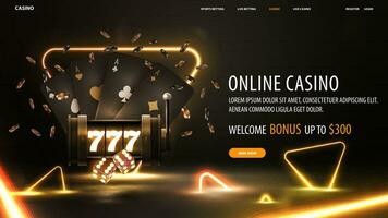 online Kasino, herzlich willkommen Bonus, schwarz Banner mit Angebot, Slot Maschine, Chips, spielen Karten und Gold Neon- Dreiecke um vektor