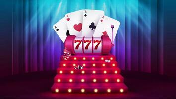 uppkopplad kasino, affisch med kasino spår maskin och spelar kort på tecknad serie röd fyrkant podium med stege, lökar lampor och strålkastare på bakgrund med ridå vektor