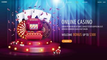 online Kasino, herzlich willkommen Bonus, Netz Banner mit Angebot und rot Karikatur Podium mit Kasino Elemente und Glühbirnen Beleuchtung. vektor