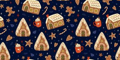 Weihnachten Lebkuchen Häuser nahtlos Muster auf dunkel Blau wiederholen Hintergrund. süß Lebkuchen Kekse. Vektor Winter drucken. Weihnachten wiederholen Textur, Oberfläche Design, Hintergrund, Stoff, wickeln Papier