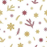 rot Gold Schneeflocken und Tanne Geäst auf Weiß Hintergrund Weihnachten nahtlos Muster Winter Zeit Textur Neu Jahr Urlaub Hintergrund Hintergrund Oberfläche Texturen, Stoff druckt retro Vektor Illustration.