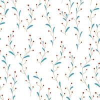 botanisch nahtlos Muster süß Geäst Beeren Blau rot Hygge Farben wenig Blätter auf Weiß botanisch Hintergrund romantisch dekorativ Hintergrund. Vektor Illustration.