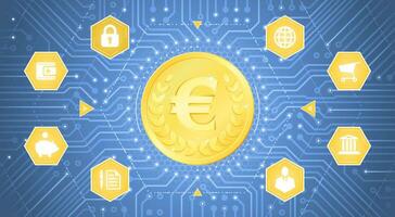 Digital Euro. ein metallisch Münze mit das Euro Symbol auf es im elektronisch Cyberspace. Grafik Komposition auf das Thema von Kryptowährungen. vektor