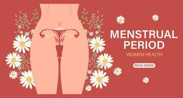 menstruations- period landning sida mall. kvinna kropp, kvinnas ljumske med blommor. kvinna hälsa begrepp. illustration, vektor