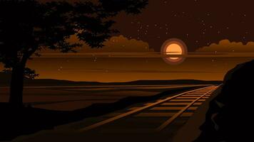 natt landskap illustration med järnväg, stjärnor och full måne vektor