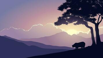 soluppgång landskap på berg med silhuett av Björn och träd vektor