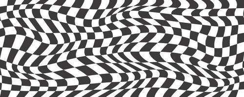 checkerboard vågig mönster. abstrakt schack fyrkant skriva ut. svart och vit psychedelic optisk illusion. skev flagga med geometrisk grafisk. y2k design för baner vektor