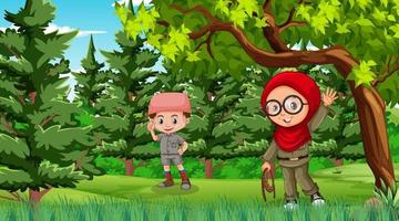 natur scen med muslimska barn som utforskar i skogen vektor