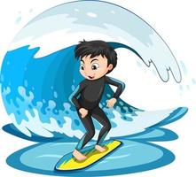 ein Junge, der auf einer isolierten Wasserwelle surft