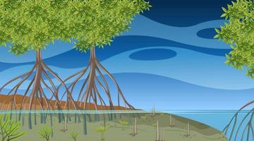 Naturszene mit Mangrovenwald zur Sonnenuntergangszeit im Karikaturstil vektor