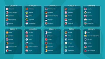 europeisk fotbollsturnering kvalificering oavgjort 2020. grupp av internationella fotbollslag med platt land flagga. vektor .