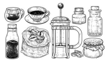 Skizzenvektorsatz von Kaffeemaschinenwerkzeugen. Tassen, Instantkaffeeflasche, Kaffeebohnen in einer Tüte, französische Presse und Flaschen handgezeichnete Illustration vektor