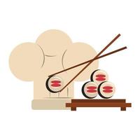 Restaurant Essen und Küche Sushi mit Essstäbchen und Kochmütze Symbol Cartoons Vektor Illustration Grafikdesign