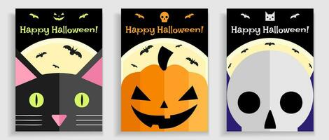 tre halloween posters i en platt stil med svart katt, pumpa lykta och en skalle, halloween hälsning, inbjudan, vektor grafik.