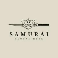 Samurai Maske und Katana Schwert Linie Kunst Logo Vektor Illustration Vorlage Design.