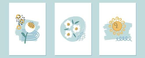 uppsättning av kreativ minimalistisk abstrakt affischer. hand dragen vektor illustrationer med de Sol, blommor, och dekorativ element. boho estetisk kompositioner. för kort, affisch, omslag design.
