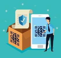 Code qr im Smartphone mit Geschäftsmann und Symbolen vektor