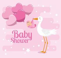 Babypartykarte mit süßem Storch und Dekoration vektor