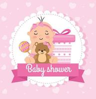 baby shower kort med baby flicka och dekoration vektor