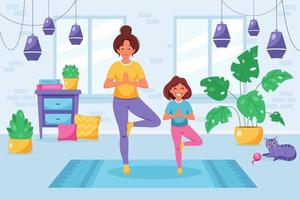 kvinna som gör yoga med dottern i mysig inredning. familj spendera tid tillsammans vektor