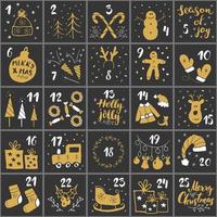 jul adventskalender. handritade element och siffror. vinterhelgkalenderkort setdesign, vektorillustration vektor