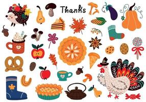 Sammlung farbenfroher Vektorgrafiken verschiedener Arten von Speisen mit Truthahn und herbstlichen Dekorationen für traditionelle Thanksgiving-Feier-Konzeptdesigns vektor