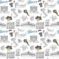 Venedig Italien sömlösa mönster. handritad skiss med karta över Italien, gondoler, gondolierkläder, karneval venetianska masker, hus, marknadsbro, cafébord och stolar. doodle ritning isolerad på vitt vektor