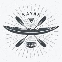 kajak club vintage etikett, handritad skiss, grunge texturerat retro badge, typografi design t-shirt tryck, vektor illustration