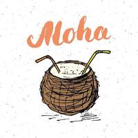 bokstäver ord aloha med handritad skiss kokosnöt typografisk design tecken, vektorillustration vektor