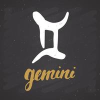 stjärntecken gemini och bokstäver. handritad horoskop astrologi symbol, grunge texturerat design, typografi tryck, vektorillustration vektor