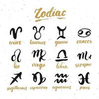 Sternzeichen gesetzt und Beschriftungen. Hand gezeichnete Horoskop-Astrologie-Symbole, strukturiertes Grunge-Design, Typografiedruck, Vektorillustration vektor