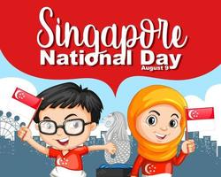 singapur national day banner mit kindern halten singapur flagge zeichentrickfigur vektor