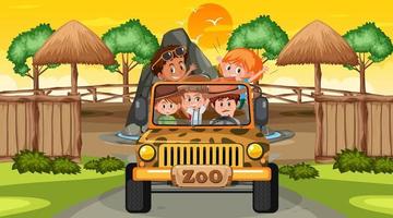 zoo vid solnedgången tid scen med många barn i en jeep bil vektor