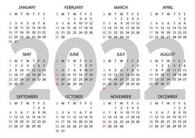 Kalender 2022 Jahr. die Woche beginnt am Sonntag. jährliche horizontale Kalendervorlage 2022. Kalenderdesign in schwarz-weißen Farben, Sonntag in roten Farben. Vektor