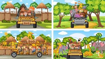 fyra olika zoo-scener med barn och djur vektor