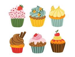 ljuv smaskigt cupcake, krämig kaka, muffin samling vektor illustration. platt stil tecknad serie kaka ikon uppsättning isolerat på vit bakgrund
