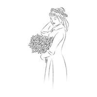 hand dragen kvinna mode illustration flicka med blommor linje konst vektor