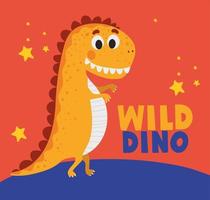 wilder Dino-Schriftzug und eine Kinderillustration eines orangefarbenen Dinosauriers vektor