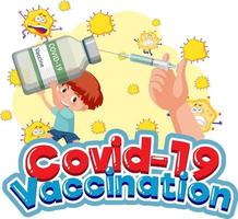 Coronavirus-Impfung mit einem Jungen, der eine Covid-19-Impfstoffflasche hält vektor