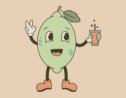 komisch Obst Limette Trinken Cocktail im alt Karikatur Stil. Vektor isoliert groovig retro lächelnd Charakter.