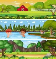 Reihe von verschiedenen Naturlandschaften tagsüber Szene mit Zeichentrickfigur vektor