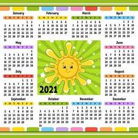 kalender för 2021 med en söt karaktär. söt sol. rolig och ljus design. isolerad färg vektorillustration. tecknad stil. vektor
