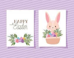 Einladung mit Happy Easter-Schriftzug, einem süßen rosa Hasen und einem Korb voller Ostereier vektor